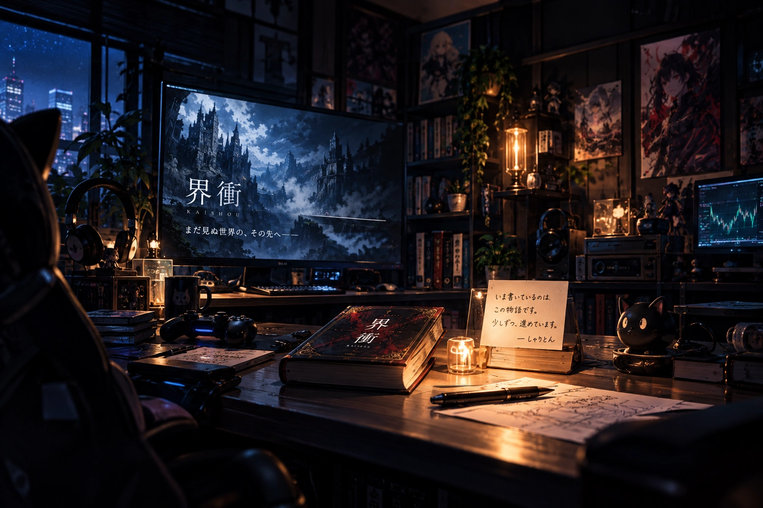青い夜景の窓と暖かな卓上灯に照らされた創作部屋。左手前のゲーミングチェア、手前の大きな木製机、その奥のモニターデスク。机には界衝の本、メモ、マグ、コントローラーと黒猫の置物がある。